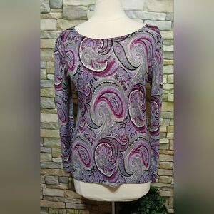 Talbots Pure Merino Wool Knit Purple Paisley Sweater Top Colorful Chic